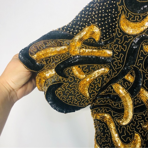 Vintage Riva Designs beaded and sequins black and gold dress SZ 1X. I-6 - Picture 8 of 13